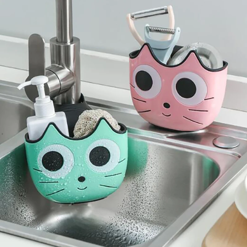 1Pc Cat Shaped Kitchen Sink Organizer Sponge Rack Drain Holder Plastic Sponge Storage Rack Basket Toilet Soap Shelf Organizer