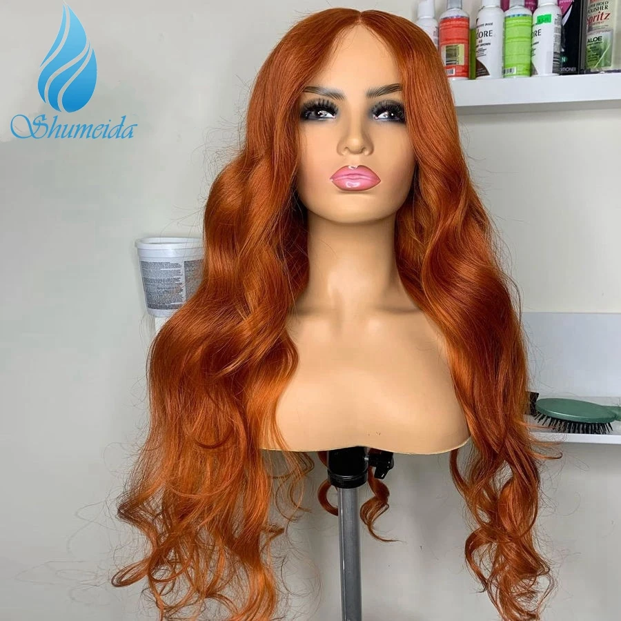 Shumeida Jahe Warna Oranye 13*4 Wig Renda Depan untuk Wanita Wig Rambut Manusia Remy Brasil dengan Rambut Bayi 4*4 Wig Penutupan Renda