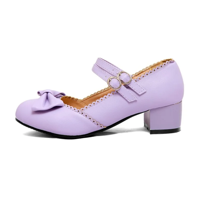 YQBTDL 2022 New Women Mary Janes Pumps Double Belt Buckle Women 3.5cm Hoof Heels Shoes Sweet Bowtie Lolita Shoes Party Girl Pink