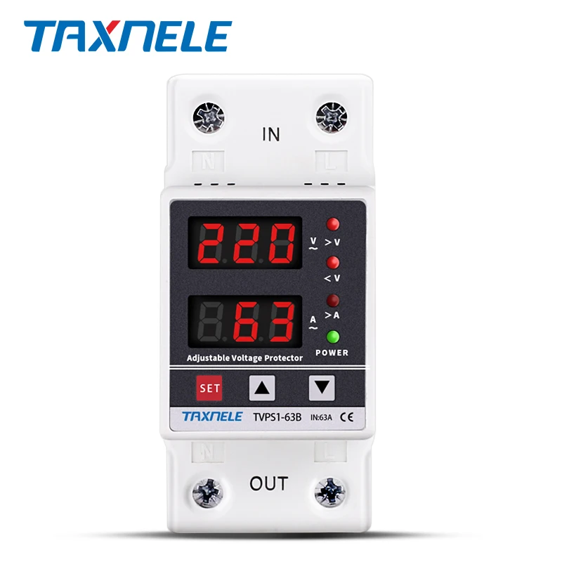 Dual Display 40A 63A 230V Din Rail Adjustable digital Over Under Voltage Relay Surge Protector  Limit Over Current Protection