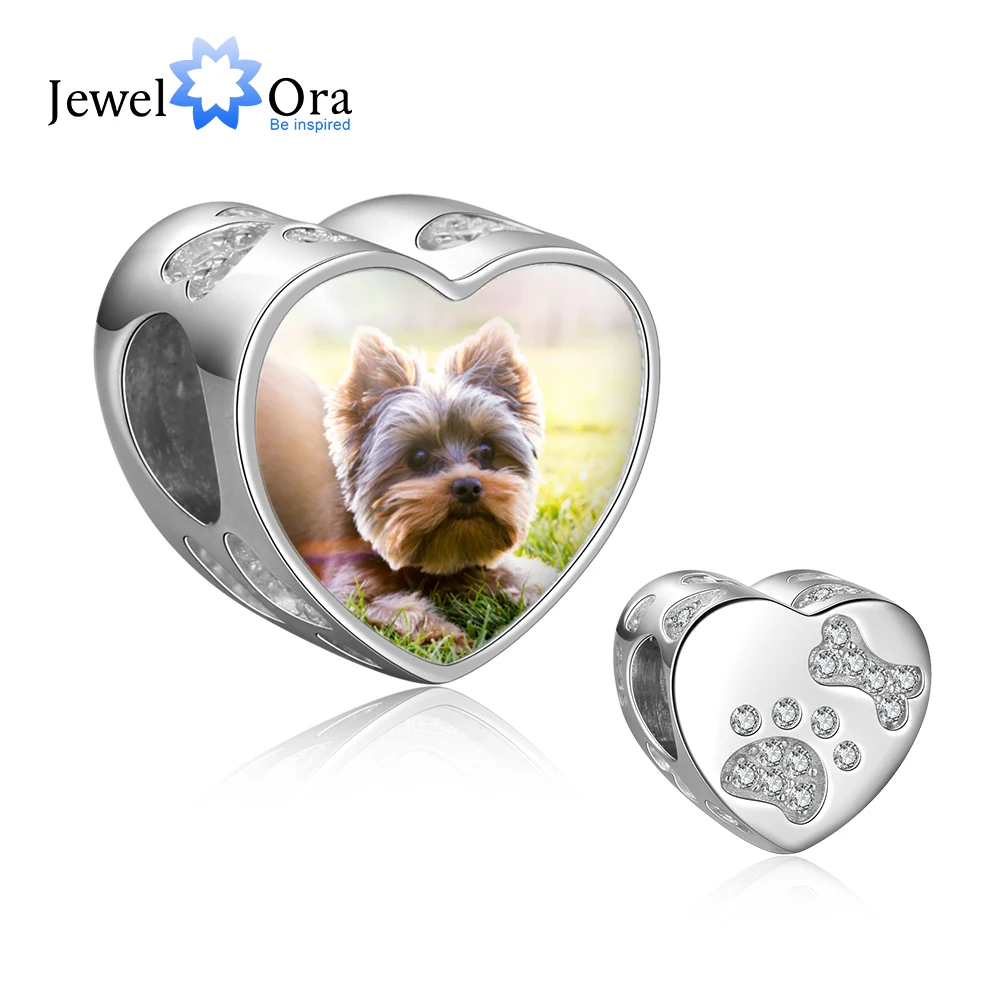 Customized Photo Heart Beads with Cubic Zirconia Pet Paw & Bon Charms Fit Bracelet Personalized Jewelry Gift (JewelOra AS101980)