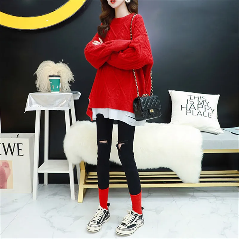 Autumn O-Neck Long Sleeve Knitted Sweater Women Jumper Ladies Fake Two Loose Fashion Red Pink Blue Knitting Pullover Tops Female