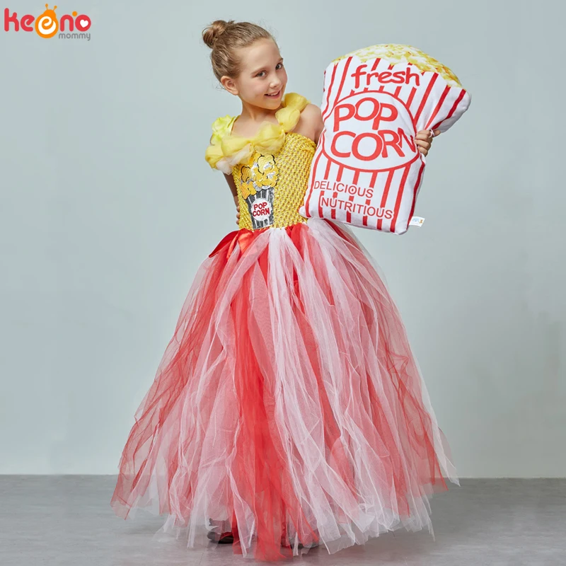 Circus Popcorn Girl Tutu Dress Carnival Birthday Party Wedding Flower Sequin Ball Gown Costume Kids Pop Corn Food Tulle Dress