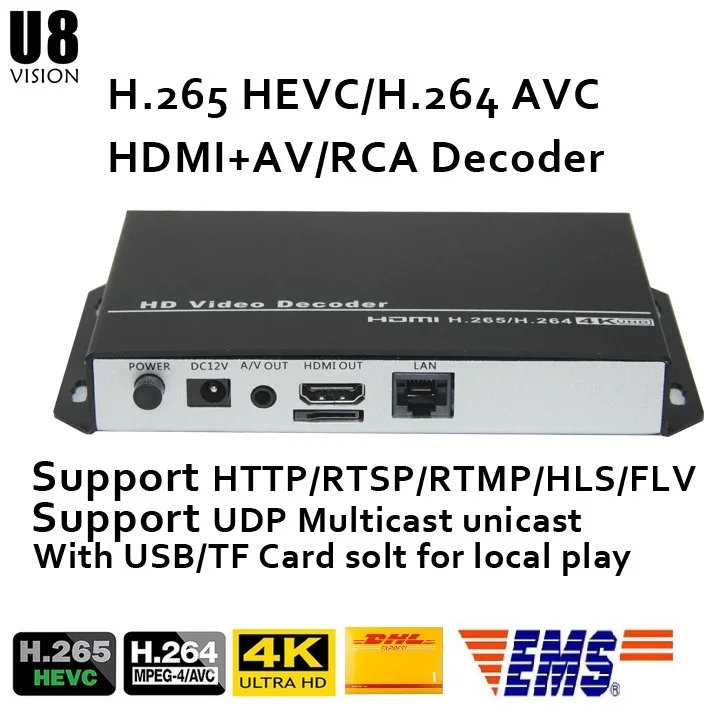 

U8Vision H.265/H.264 4K streaming Decoder with CVBS&HDMI-compatible output for Decode HTTP RTSP RTMP UDP streaming