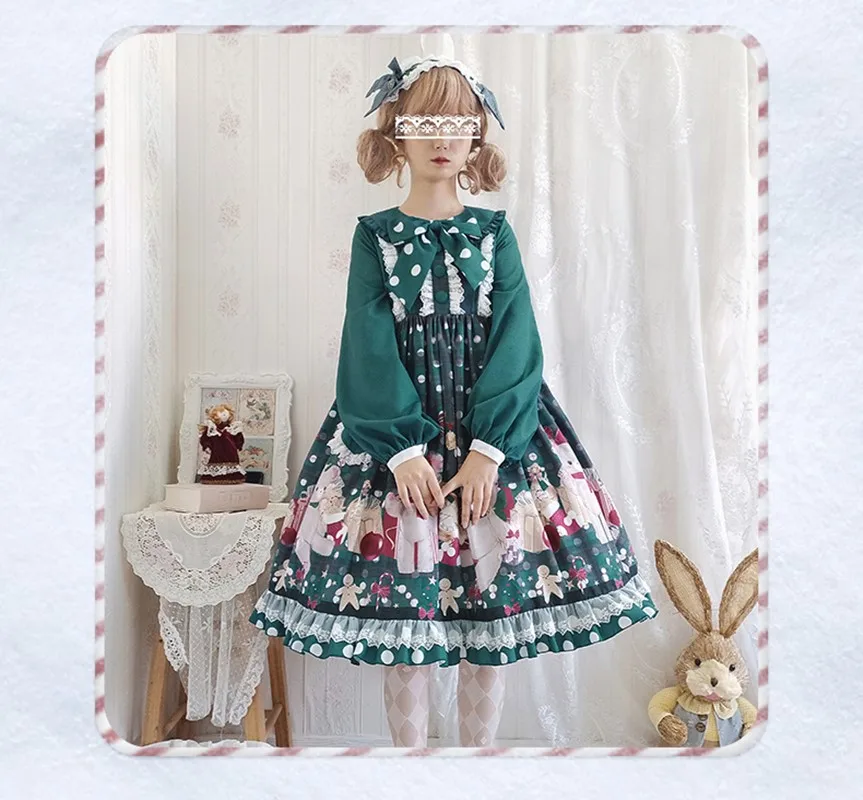 

Christmas sweet lolita dress vintage lace bowknot cute printing high waist victorian dress kawaii girl gothic lolita op loli cos