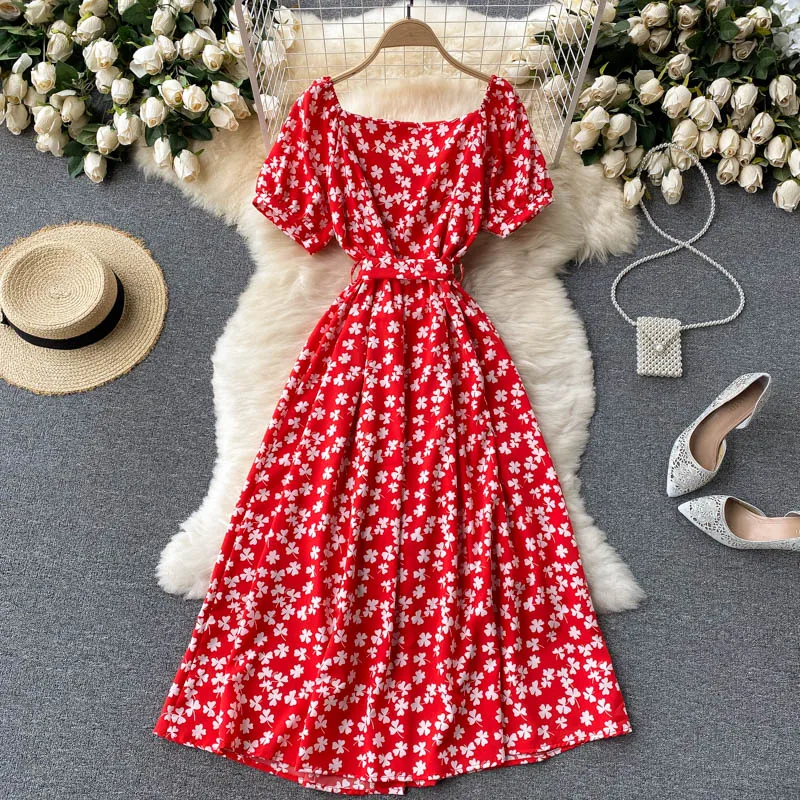 Vestido floral feminino de verão, decote quadrado, elegante, midi, cinto, manga curta bufante, botão frontal, férias, vestido casual