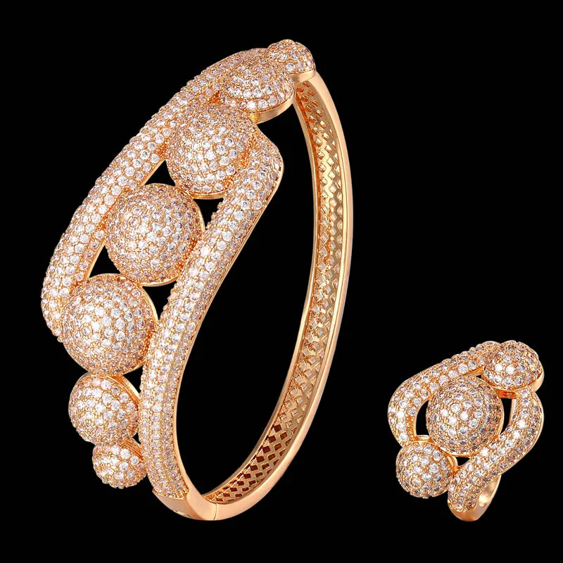 

Zlxgirl jewelry full ball shape wedding bracelet bangle and ring jewelry sets perfect mirco paved zircon Dubai gold bangle sets