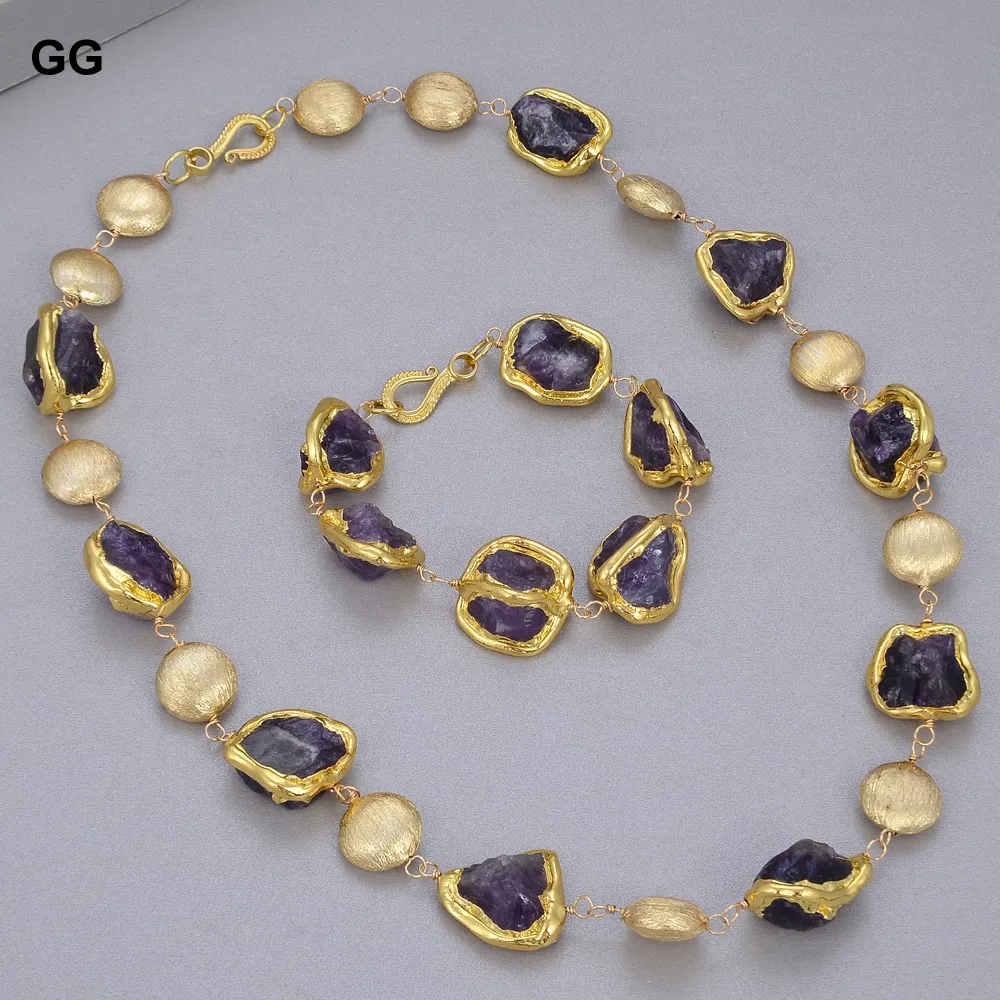 

G-G Jewelry Natural Purple Amethysts Rough Nugget With Electroplated Edge Brushed Beads Necklace Bracelet Sets For Women