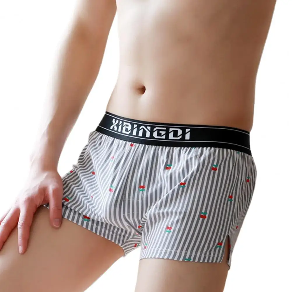 Soutong Men Underpants Vertical Stripe Cherry Print Loose Boxer Underwear Comfy Elastic Waist Plus Size Men's Panties