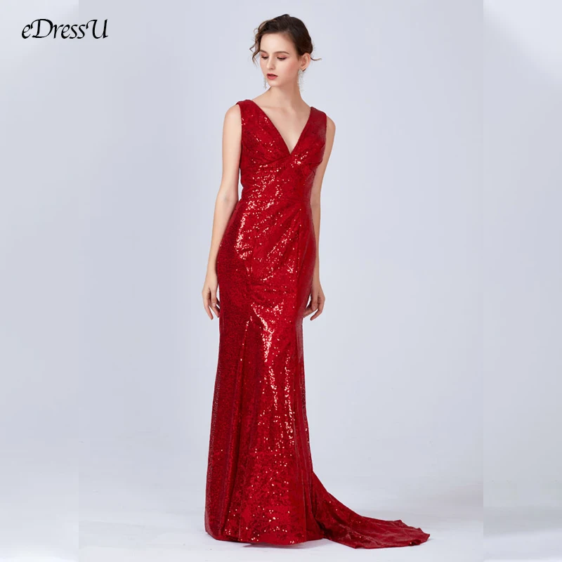 Sleeveless Sequins Evening Dress V-neck Red Long Dress Elegant Mermaid Tails Wedding Party Dress Vestido de Fiesta WS-3774