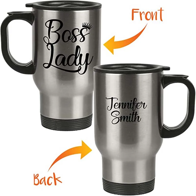 

Personalized Custom Name Boss Lady Travel Mug - Best Women Birthday Gift for Mom and Female Friend - 14oz Insulated with Lid
