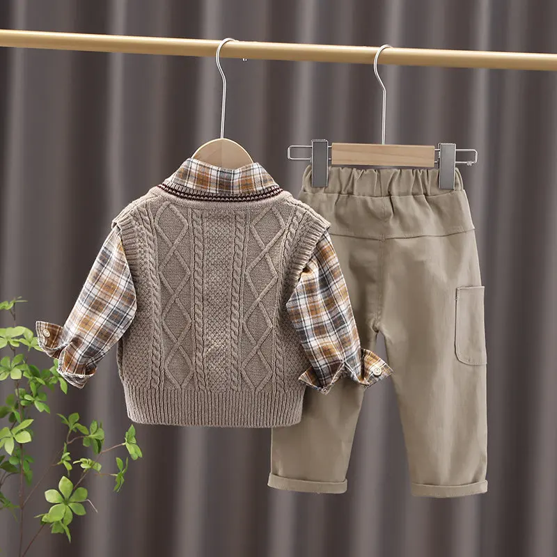 Spring Fashion Kids Cotton Clothes Kids Boys Girls Sweater Vest Plaid Shirts Pants 3Pcs/sets Pocket Children Toddler Tracksuits