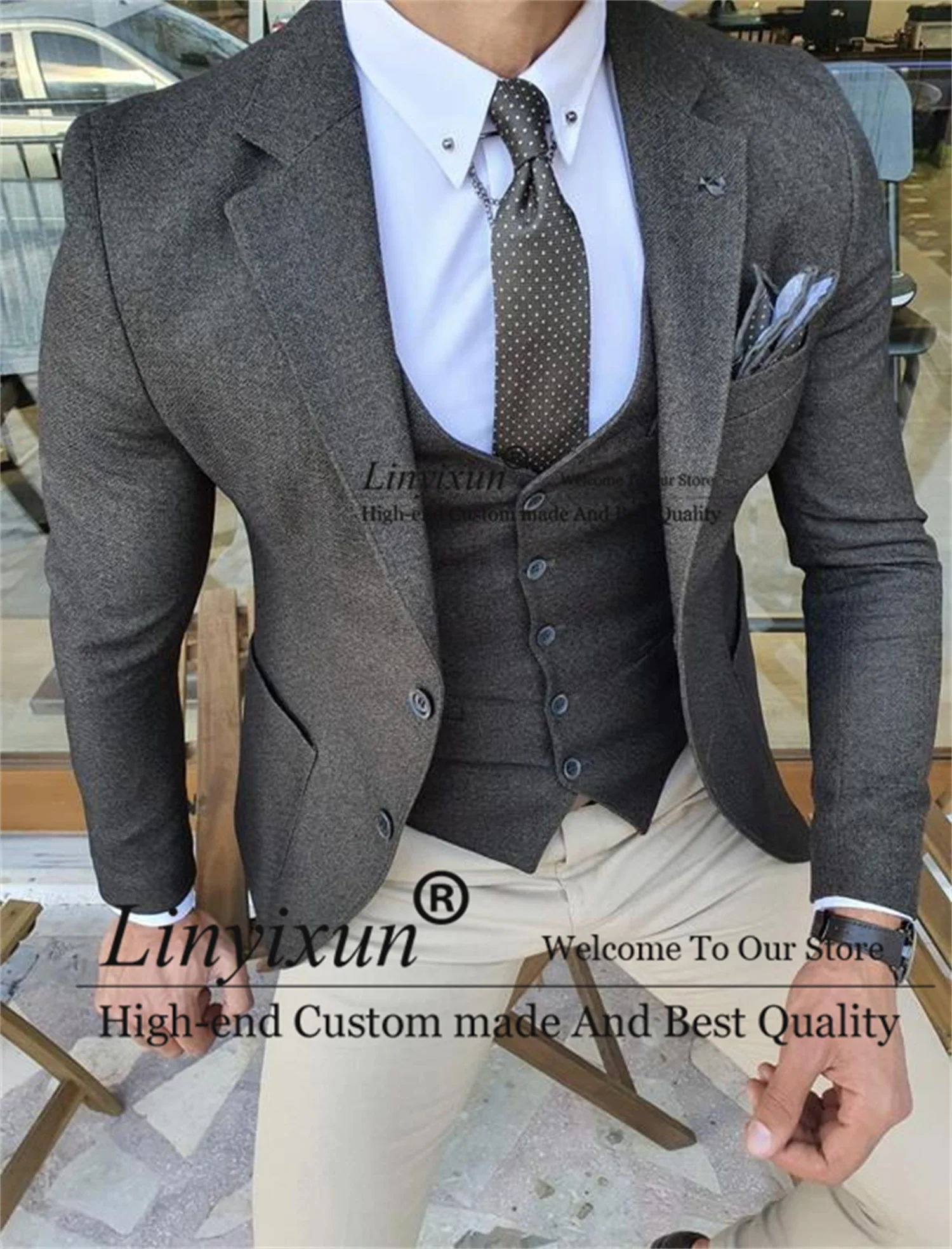 

Grey Wool Men Suits Slim Fit Groom Wedding Tuxedos Formal Business Male Blazer 3 Pieces Set Costume Homme Jacket Vest Begie Pant