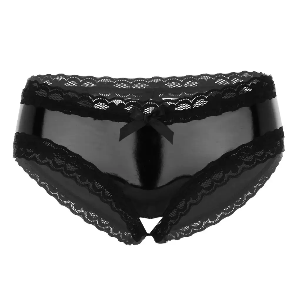 Women Ladies Sexy Lingerie Erotic Panties Wetlook Leather Latex Open Crotch PVC Crotchless Mini Briefs Shorts knickers Underwear