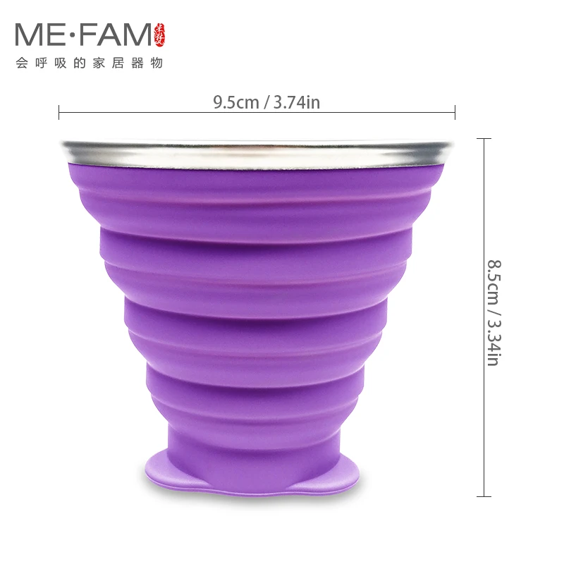 ME.FAM 270ml Stainless Steel Silicone Folding Cup With Lanyard / Dustproof Cover Lid Outdoor Coffee Cups Retractable Travel Copa