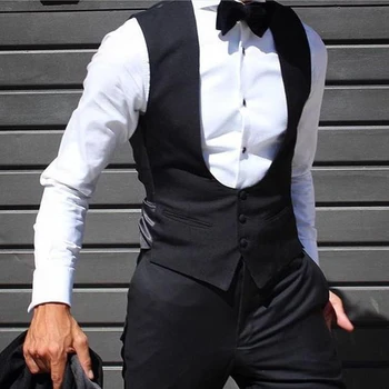 Black Men Vest for Wedding Groom One Piece Slim Fit Suit Waistcoat Solid Color Male Fashion Coat 2