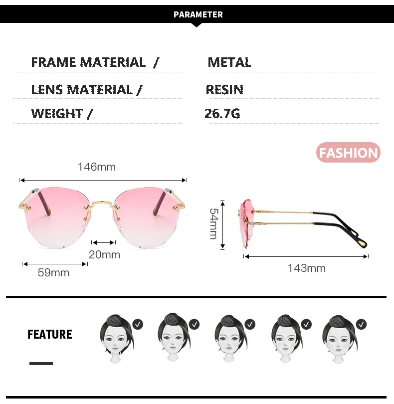 Classic Rimless Round Sunglasses For Women  Sexy Gradient Oversized Sun Glasses Female Vintage Outdoor Big Frame GogglesUV400