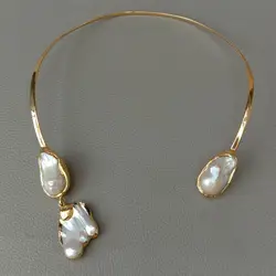 YYGEM Natural White Keshi Freshwater Pearl Yellow Gold color Plated Choker Necklace Women OL African Jewelry Bohemian Style