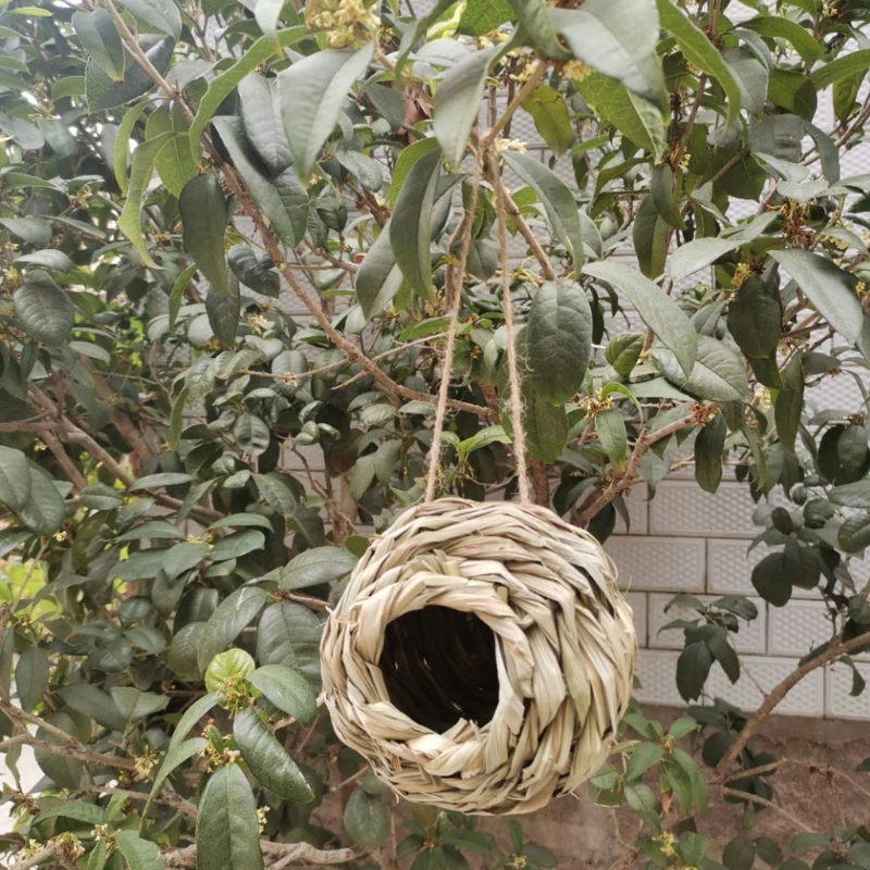 Round Birds Nest Cage Natural Grass Hand Woven Bird House Outdoor Hanging Bird Hut Shelter for Small Bird Chickadees Sparrows