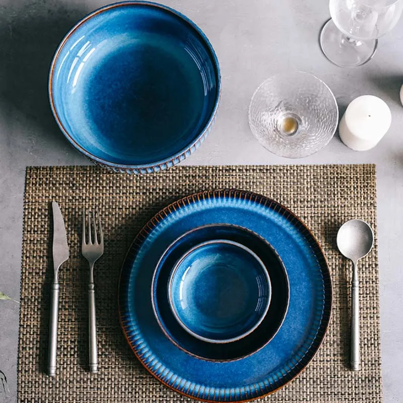 KINGLANG Ceramic Deep Blue Dinner Set Porcelain Tableware Set for 2/4 person Use Bowl Dish