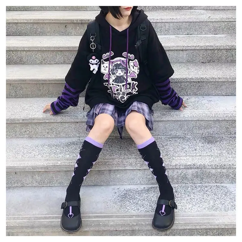 Autumn Kawaii Clothes Women Lolita Anime Cartoon Long Sleeve Hoodies Harajuku Egirl Hooded Sweatshirt Emo Grunge Tee Top Alt Y2K