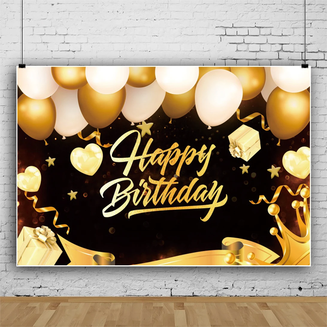 Golden Balloons Happy Birthday Photo Background Friends Party Family Photocall Poster Name Portrait Photography Backdrop Banner