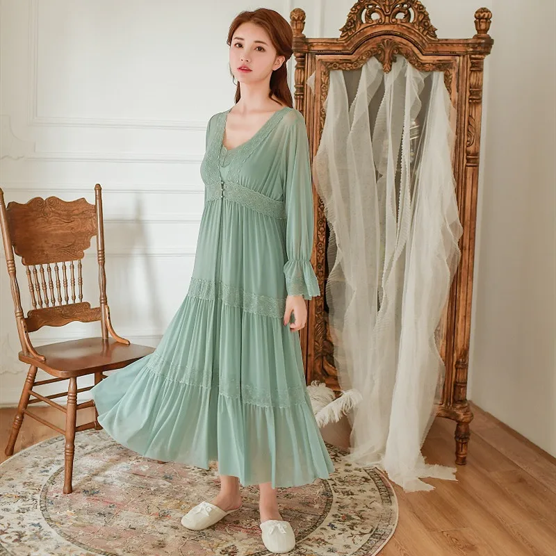 Hanxiuju Soft Modal 2 Pieces Women\'s Robe Sets Spring Autumn Vintage Princess Gauze Long Sleepwear Girls Tiered Night Dress