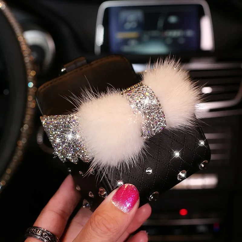 Diamond Crystal Bowknot Portable Car Storage Box Bag Mink fur Auto Vent Mount Holder Cosmetics Case Universal Mobile Phone Bag