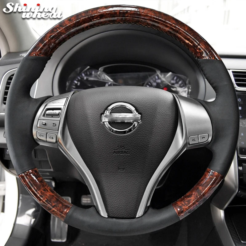 Shining wheat Black Genuine Leather Pu Carbon Fiber Steering Wheel Cover for Nissan 2013 Teana 2014 X-Trail QASHQAI Sentra