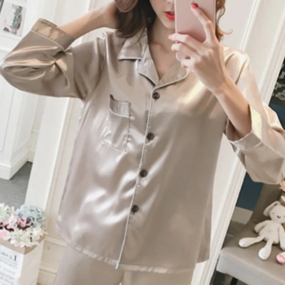 2Pcs Autumn Pajamas Set Women Solid Color Imitation Silk Homewear Long Sleeve Shirt Pants Nightwear Sleepwear Women Pajamas Set