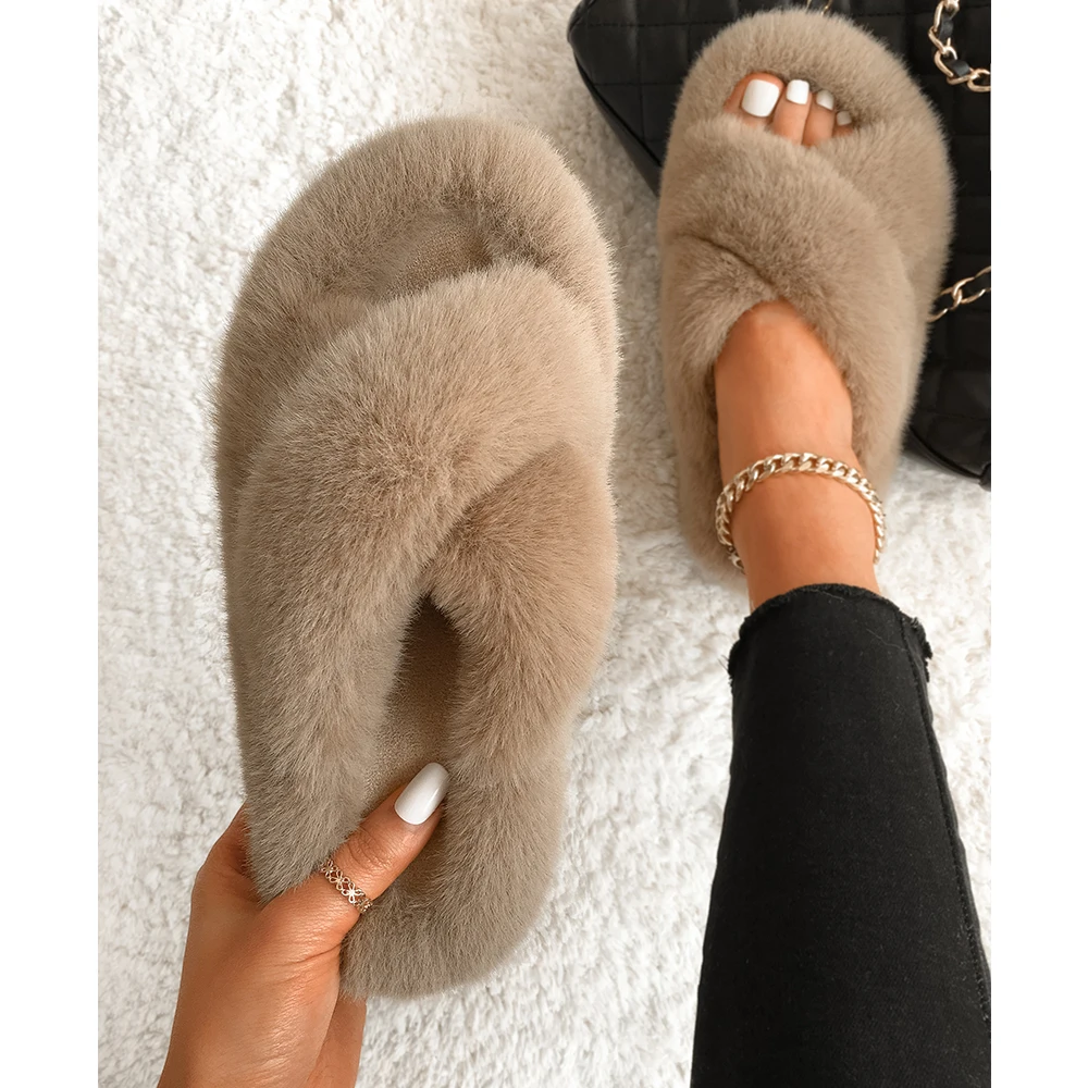 Women Furry Fur Slippers Soft Faux Fur Slides Ladies Plush House Slippers Cross Band Open Toe Flat Sandals Fluffy Warm Shoes