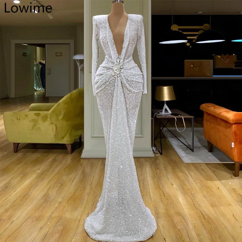 New White Formal Evening Dress 2019 Arabic Mermaid Deep V-Neck Long Prom Dress Dubai Cocktail Party Dress Women Vestidos Custom