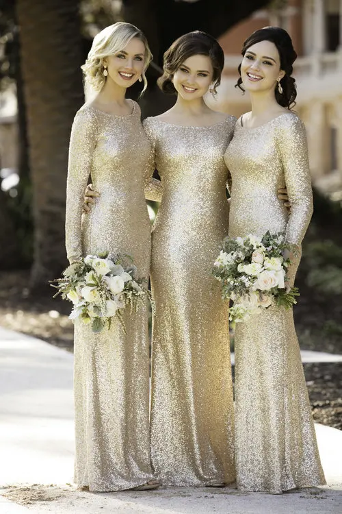 Vestido de lentejuelas doradas para dama de honor, vestidos de manga larga para dama de honor, túnicas de demoselle d'honneur