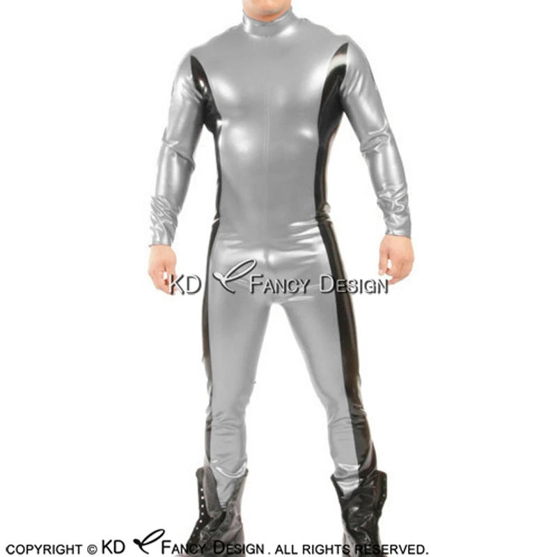 Black And Pewter Sexy Latex Catsuit With Shoulder Zippers Rubber Bodysuit Zentai Overall LTY-0261