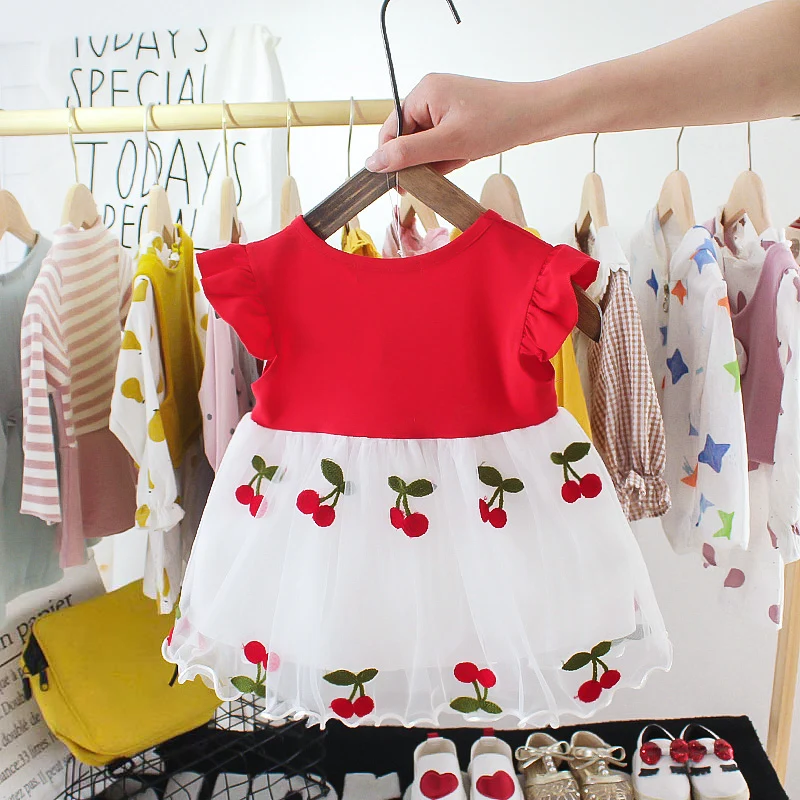 Summer Baby Clothes Short-sleeved sweet dress small cherry embroidery mesh stitching dress girl princess