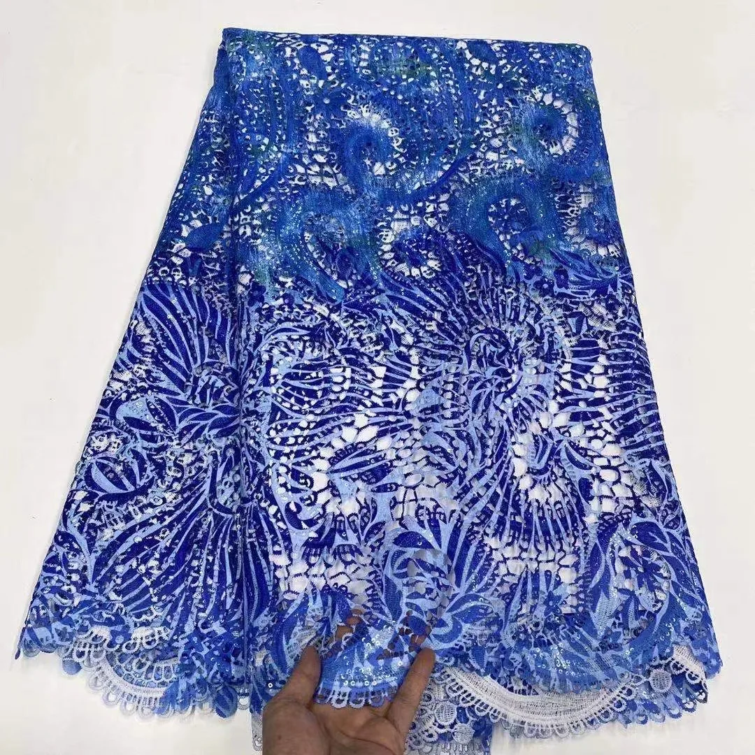 

Blue High Quality African Lace Fabric Punch Guipure Cord Lace With Sequins Water Soluble Lace Fabric For Festival Dress KDP21234
