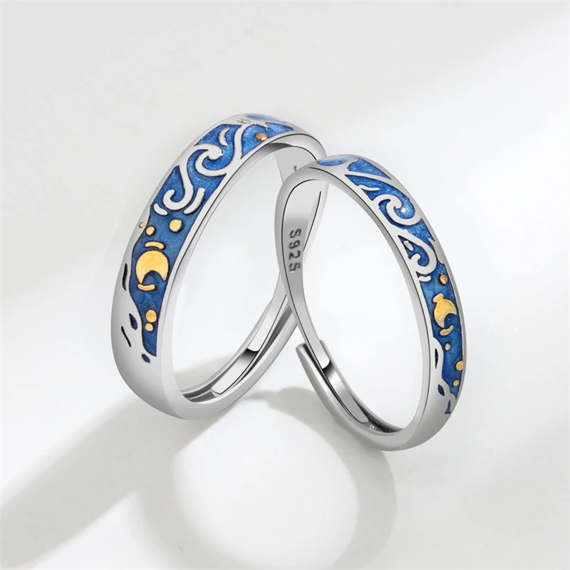 KOFSAC New Fashion 925 Sterling Silver Rings For Women Romantic Creative Van Gogh\'s Starry Sky Oil Painting Ring Couple Jewelry