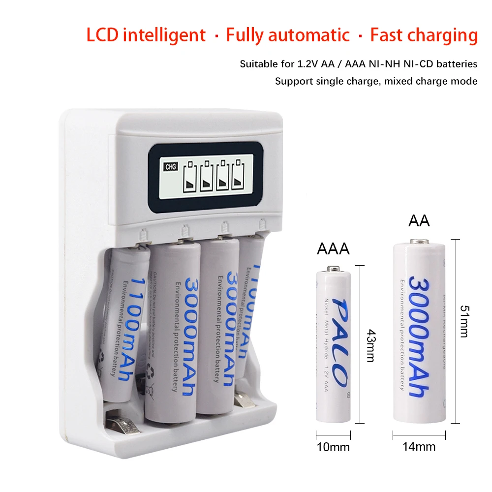 PALO AA AAA rechargeable battery charger 4 slot LCD smart usb charger for 1.2V AA AAA nimh nicd pre-charge batteria