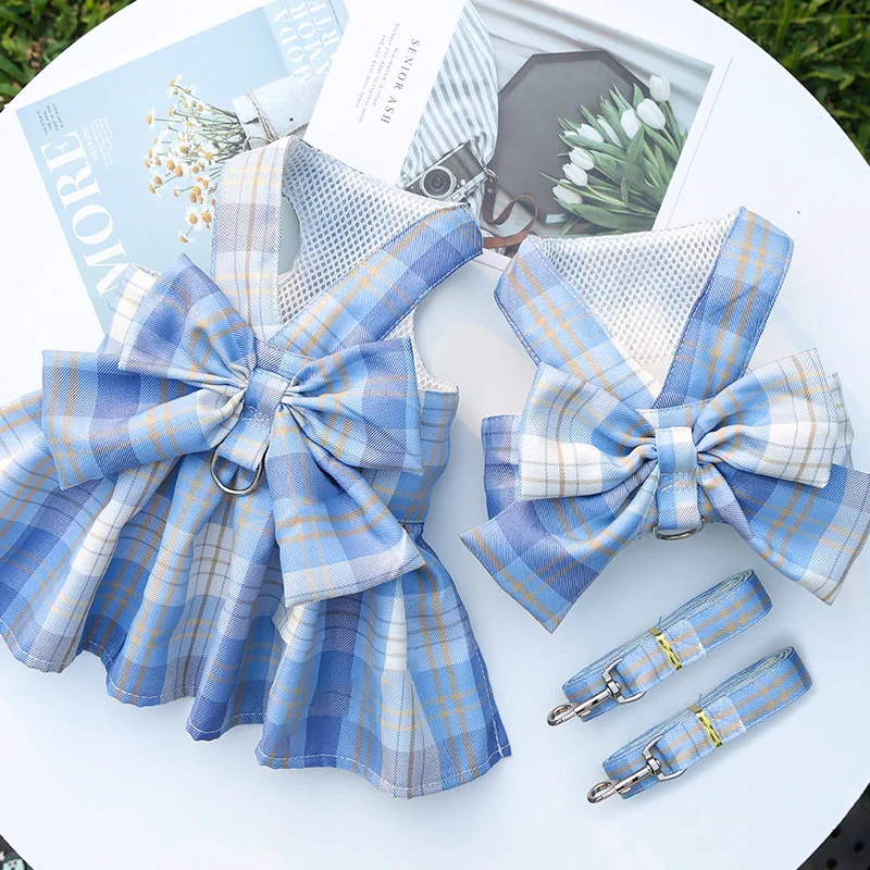 Gitter Hund Kleid Harness Und Leine Set Schöne Pet Hund Kleidung Für Kleine Hunde Chihuahua Rock Französisch Bulldog Welpen Kleid kragen – Detail 15