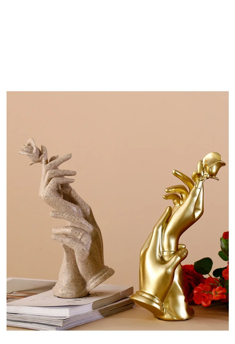 Nordic resin hands of couples statue model take rose flower craft sculpture living room wedding furnishings home decoration a078