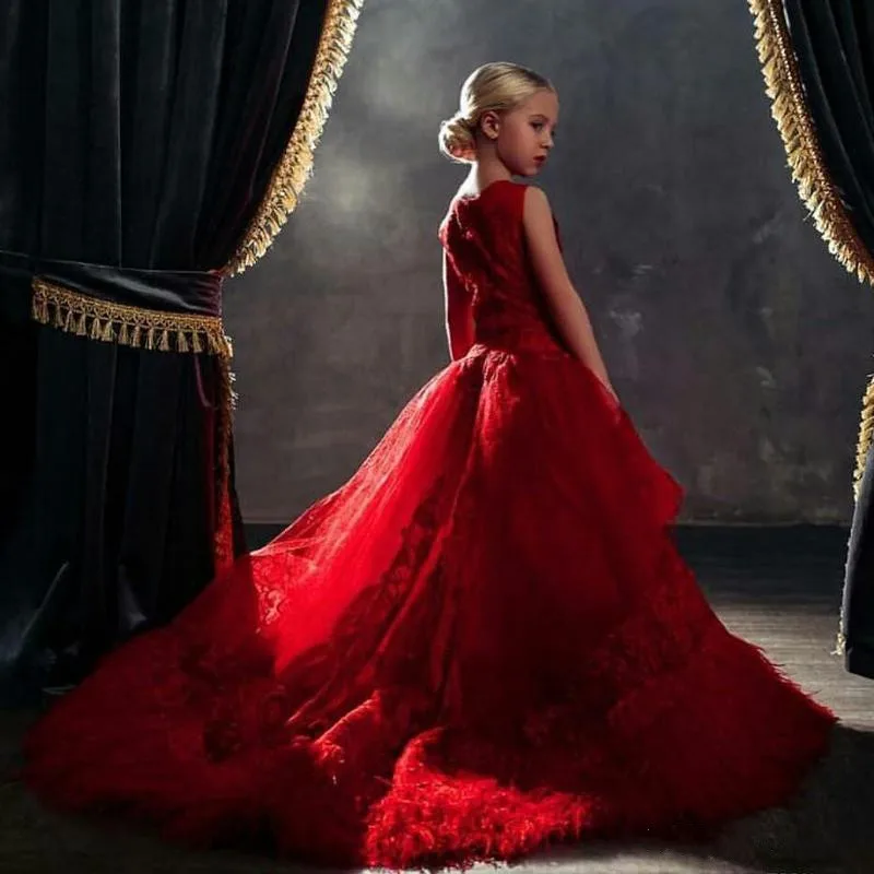 Luxury Red Feather High Low Flower Girls Dresses Jewel Neck Lace Appliques Child Pageant Dress Tulle Kids Formal Wear