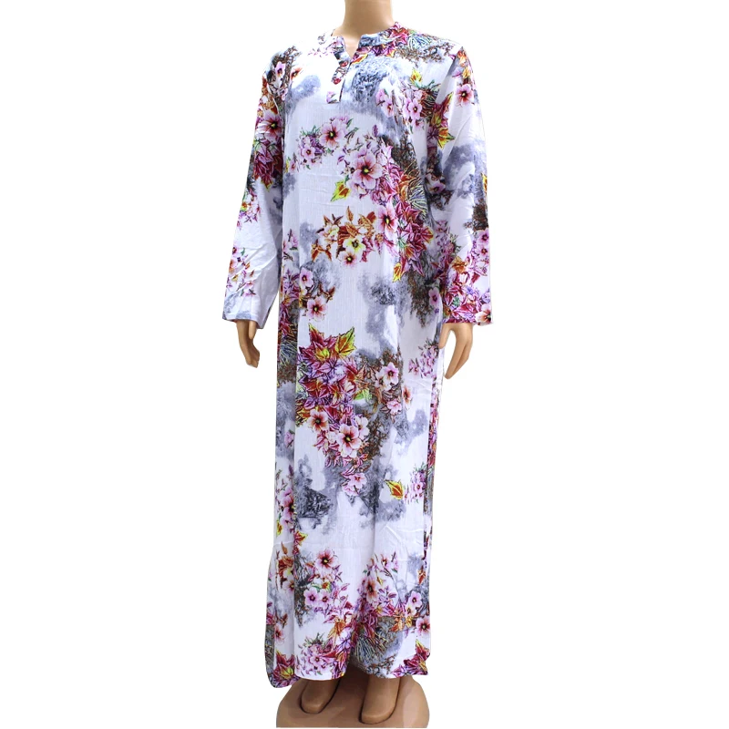 Floral Print Elegant Long Sleeve Botton Autumn Vintage Cotton and Linen African Dresses for Women