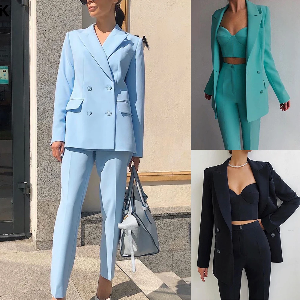 

Ivory Blue Women Holiday Tuxedos Double Breasted Mother of the Bride Pants Suits Prom Evening Guest Wedding Wear 3 Pieces