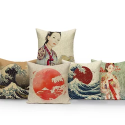 Japanese Style Cushion Cover Woman Sea Waves Sunrise Mountain Home Bedroom Outdoor Sofa Pillow Cover Gift Custom Pillow Cases