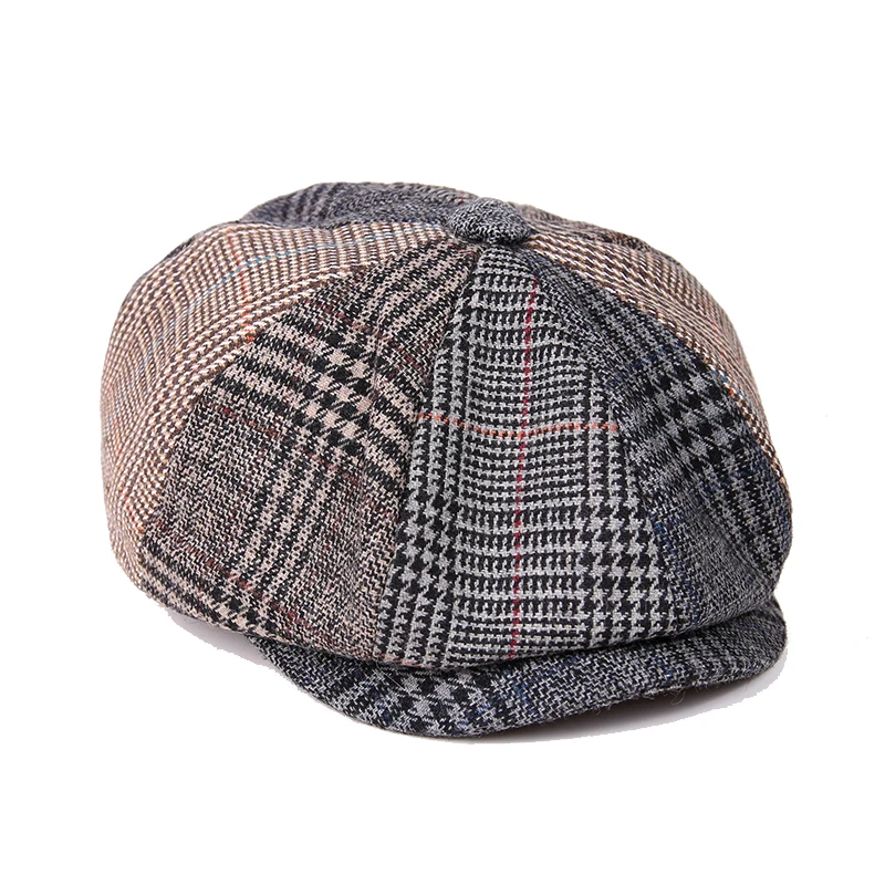 New Plaid Newsboy Caps Men Fashion Wool Stitching Flat Cap Autumn Winter Men Woman Vintage Painter Octagonal Hats BLM118