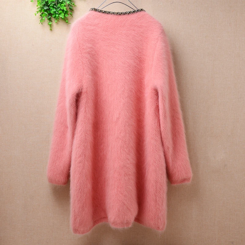 Hot 2020 women femme sweet coat medium-long pink jacket with pockets Angora rabbit fur knitted sweater warm thick coat 1.22kg