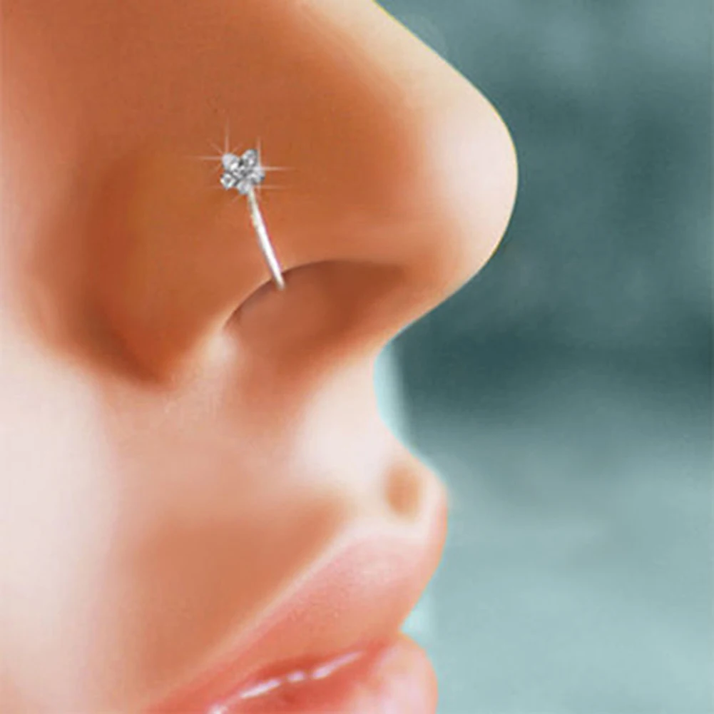 Unisex Plum Flower Rhinestone Nose Stud Hoop Sparkly Nose Ring Body Piercing