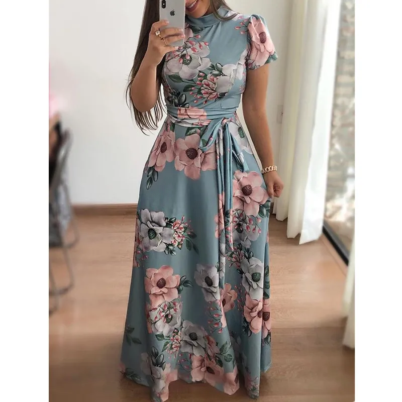 Fashion Boho High Neck Belt Floor Dress Women 2023 Autumn Short/Long Floral Maixi Dress Elegant Party Dresses Plus Size Vestidos