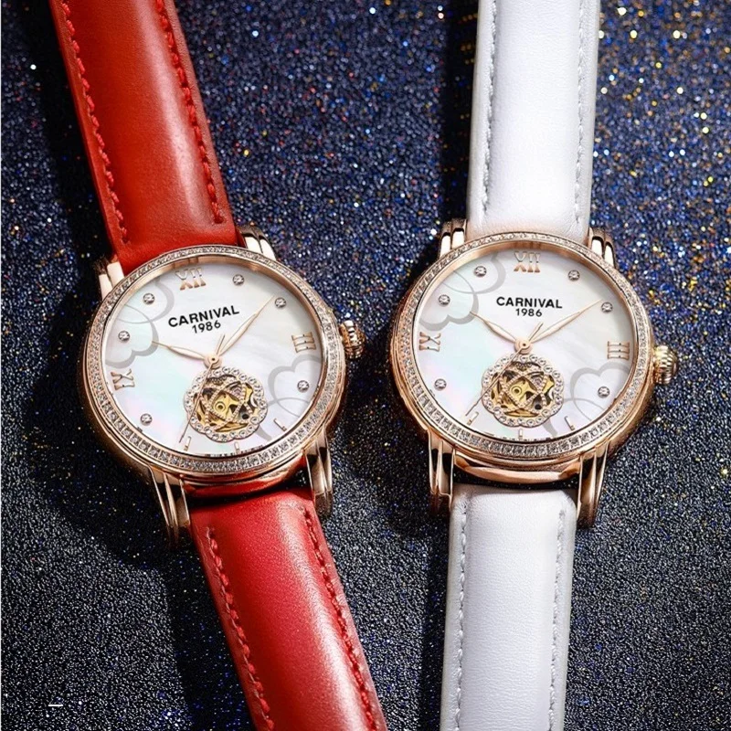 Imagem -03 - Montre Femme 2023 Novos Relógios Femininos Ouro Moda Diamante Relógio Automático Safira Pulseira de Couro Vermelho à Prova Impermeável Água Relógio Mecânico