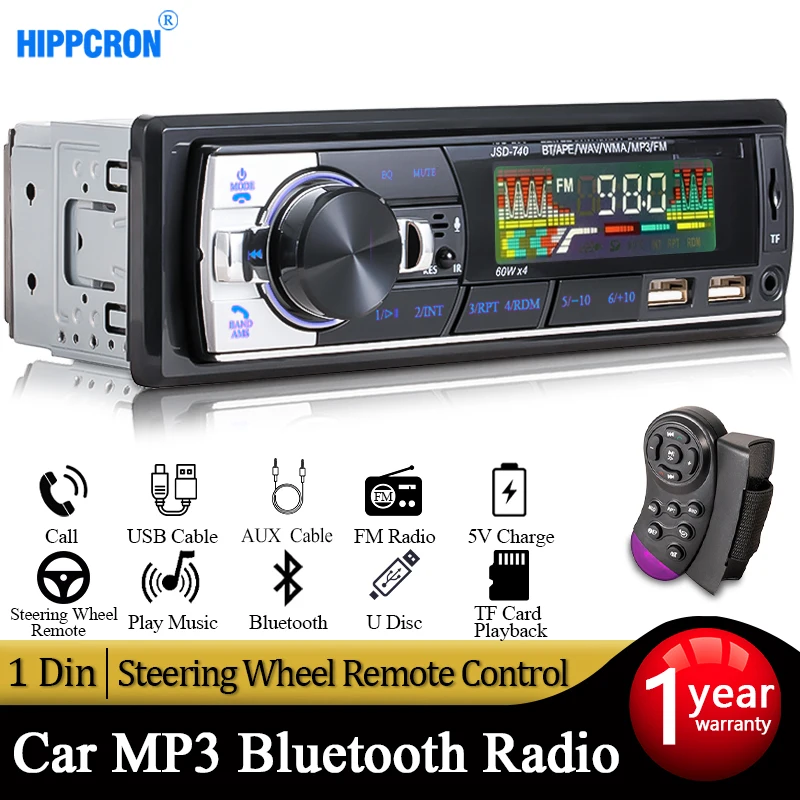 Hippcron Car Radio Audio 1din Bluetooth Stereo MP3 Player FM Receiver 60Wx4 12V Support Charging USB/TF Card With Remote Control